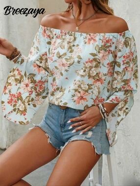 Floral Off-the-Shoulder Top With Flared Sleeves
